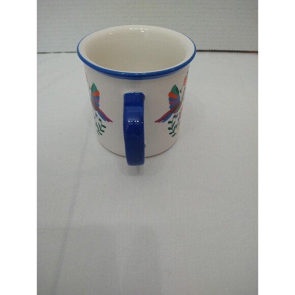 Bird Flowers Coffee Mug Tea Cup Double Sided Ceramic Colorful Whimsical Blue Rim - Picture 4 of 9
